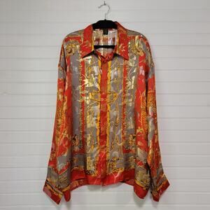 Metallic Satin Silk Size XXXL 3XL Button Up Shirt Red Gold AOP Greek Baroque